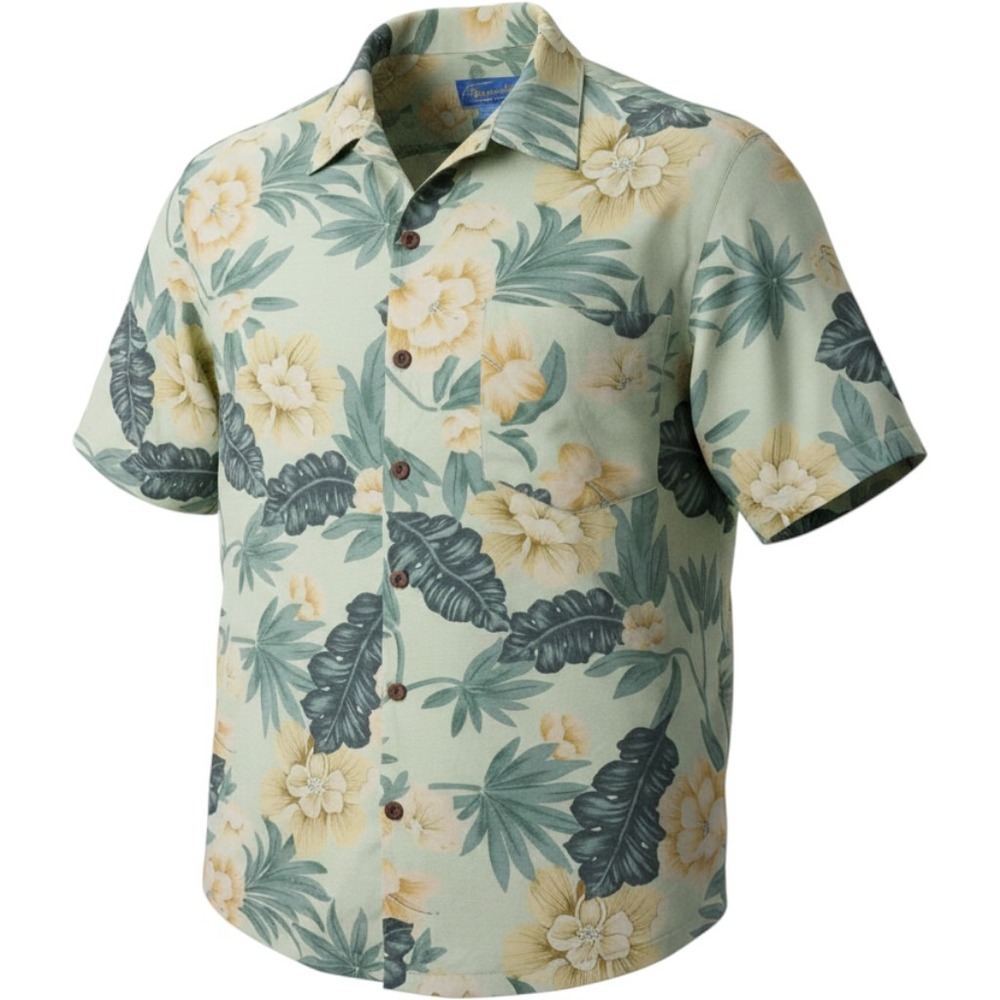 Bermuda Bay 100% Silk Hawaiian Shirt Mens Large Button Up Green Floral Tropical